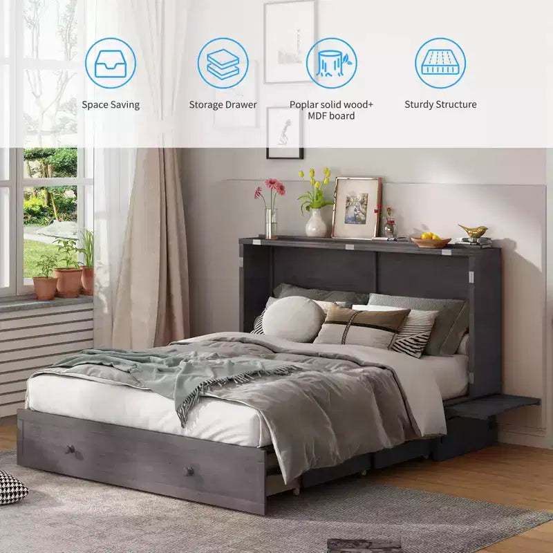 Lit escamotable Murphy 152 x 203 cm, lit coffre Cube avec station de charge et espace de rangement – Sanzelize Design