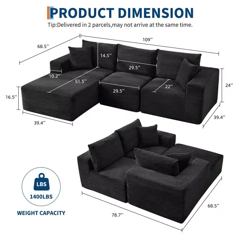 Canapé moderne 274 cm, canapé 3 places rembourré en forme de L avec oreillers, canapé à assise profonde – Sanzelize Design