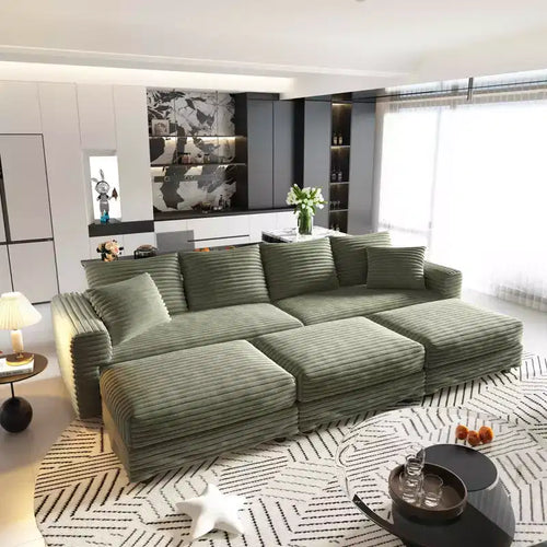 Canapé 260 cm convertible 4 places en velours côtelé avec poufs – Vert – Sanzelize Design