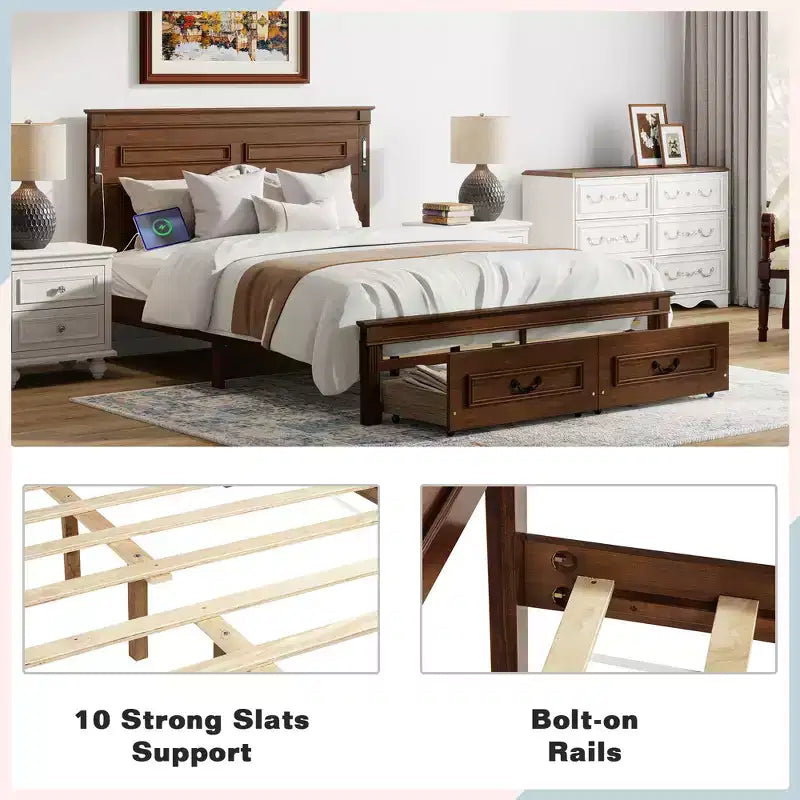 Lit plateforme 152 x 203 cm / 193 x 203 cm avec tête de lit haute, cadre de lit rustique en bois avec 2 tiroirs – Sanzelize Design