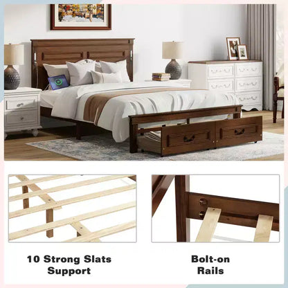 Lit plateforme 152 x 203 cm / 193 x 203 cm avec tête de lit haute, cadre de lit rustique en bois avec 2 tiroirs – Sanzelize Design