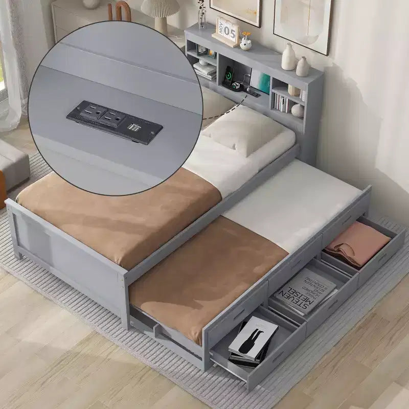 Lit plateforme avec lit gigogne et tiroirs, lit plateforme de rangement avec USB – Sanzelize Design