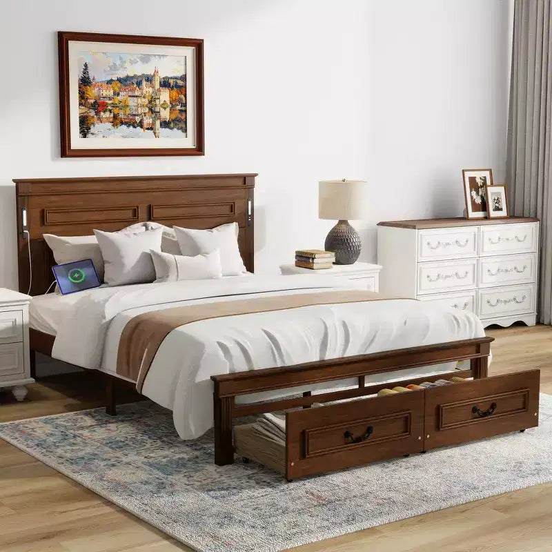 Lit plateforme 152 x 203 cm / 193 x 203 cm avec tête de lit haute, cadre de lit rustique en bois avec 2 tiroirs – Sanzelize Design