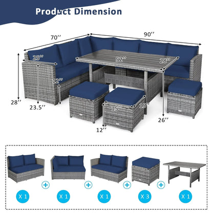Ensemble de salle à manger 7 pièces en rotin pour terrasse, canapé sectionnel et pouf - Voir détails – Sanzelize Design