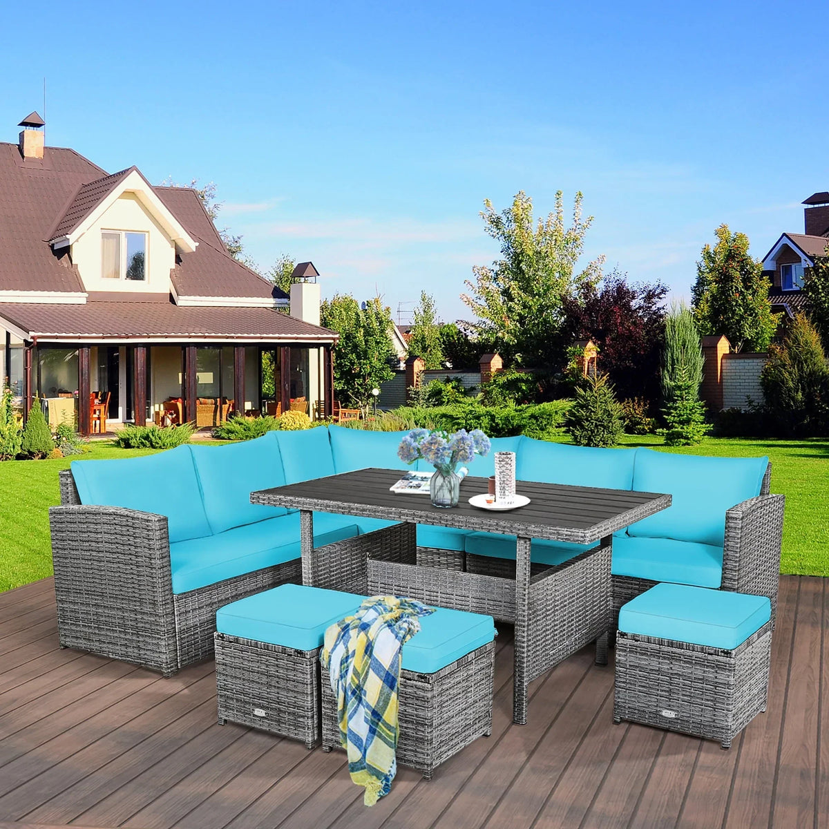 Ensemble de salle à manger 7 pièces en rotin pour terrasse, canapé sectionnel et pouf - Voir détails – Sanzelize Design