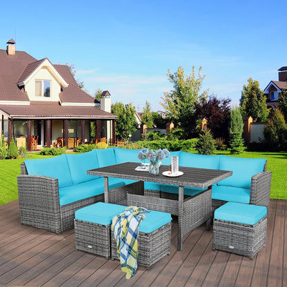 Ensemble de salle à manger 7 pièces en rotin pour terrasse, canapé sectionnel et pouf - Voir détails – Sanzelize Design