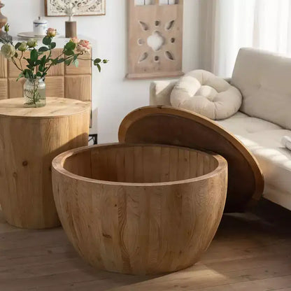 Table basse de rangement ronde et rétro en bois, adaptée au salon, à la salle à manger ou au bureau. – Sanzelize Design