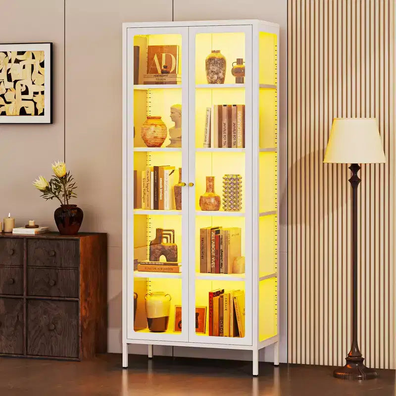 Vitrine 170 cm en Verre à 3 Côtés avec Lumières LED, Rangement à 5 Niveaux avec Double Porte et Cadre Métallique pour – Sanzelize Design