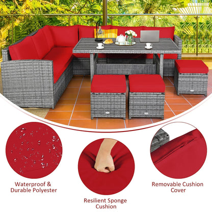 Ensemble de salle à manger 7 pièces en rotin pour terrasse, canapé sectionnel et pouf - Voir détails – Sanzelize Design