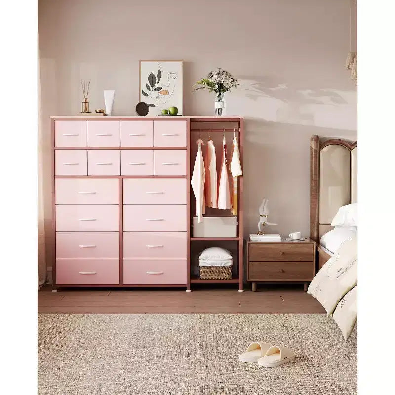 Commode de rangement avec 16 tiroirs, tringle à vêtements et étagères – Sanzelize Design