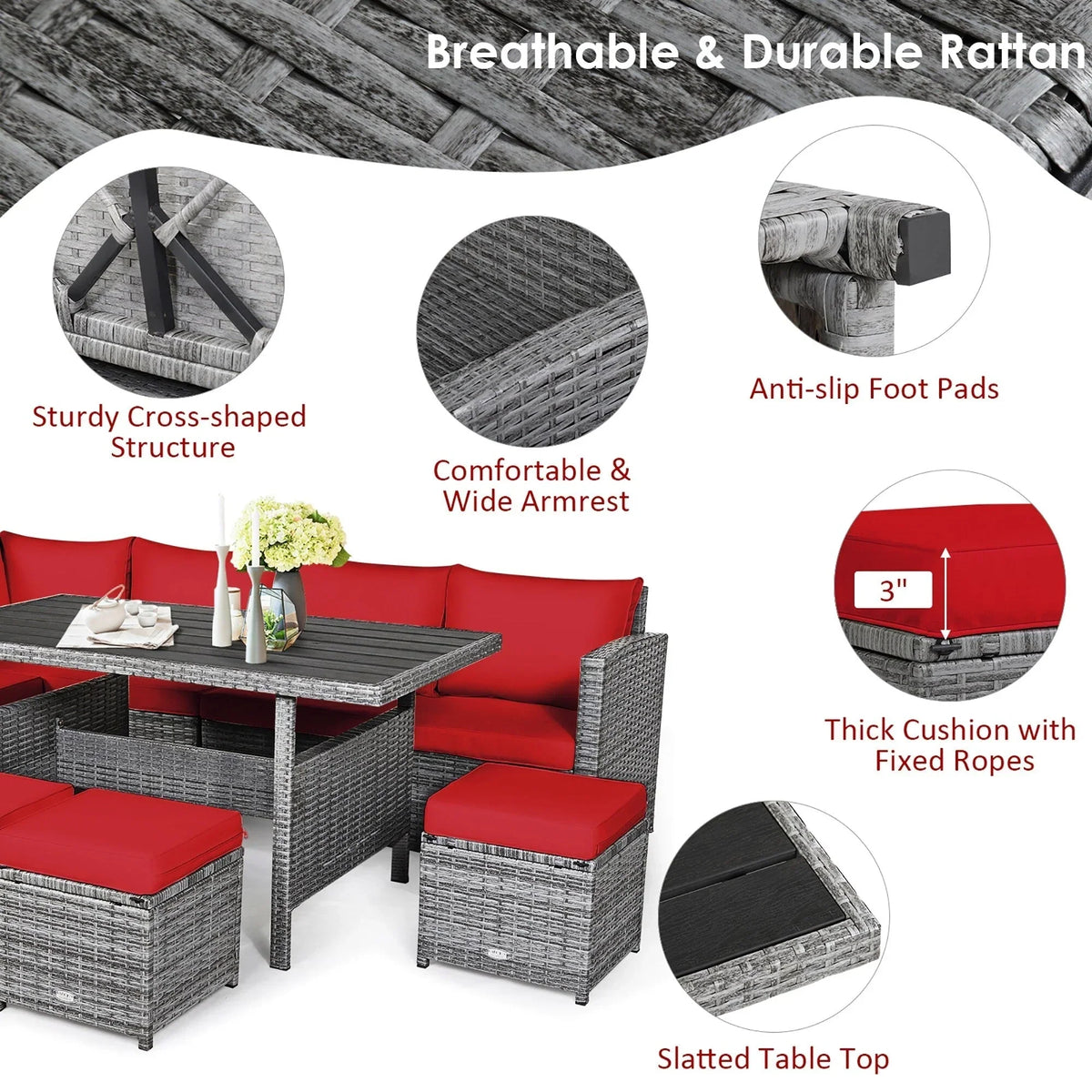 Ensemble de salle à manger 7 pièces en rotin pour terrasse, canapé sectionnel et pouf - Voir détails – Sanzelize Design