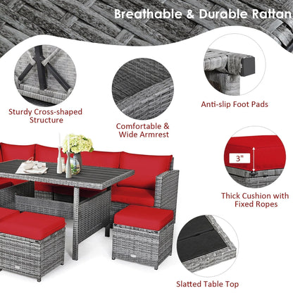 Ensemble de salle à manger 7 pièces en rotin pour terrasse, canapé sectionnel et pouf - Voir détails – Sanzelize Design