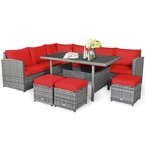 Ensemble de salle à manger 7 pièces en rotin pour terrasse, canapé sectionnel et pouf - Voir détails – Sanzelize Design