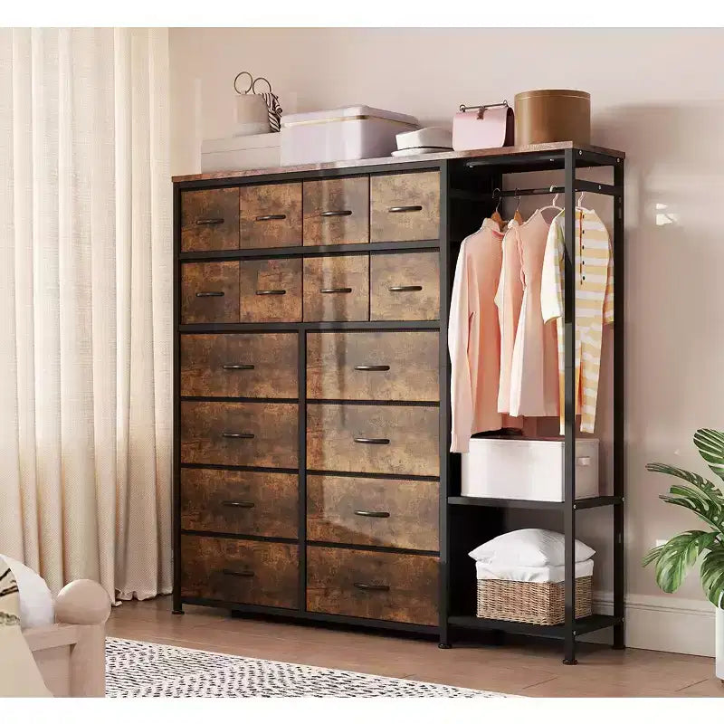 Commode de rangement avec 16 tiroirs, tringle à vêtements et étagères – Sanzelize Design