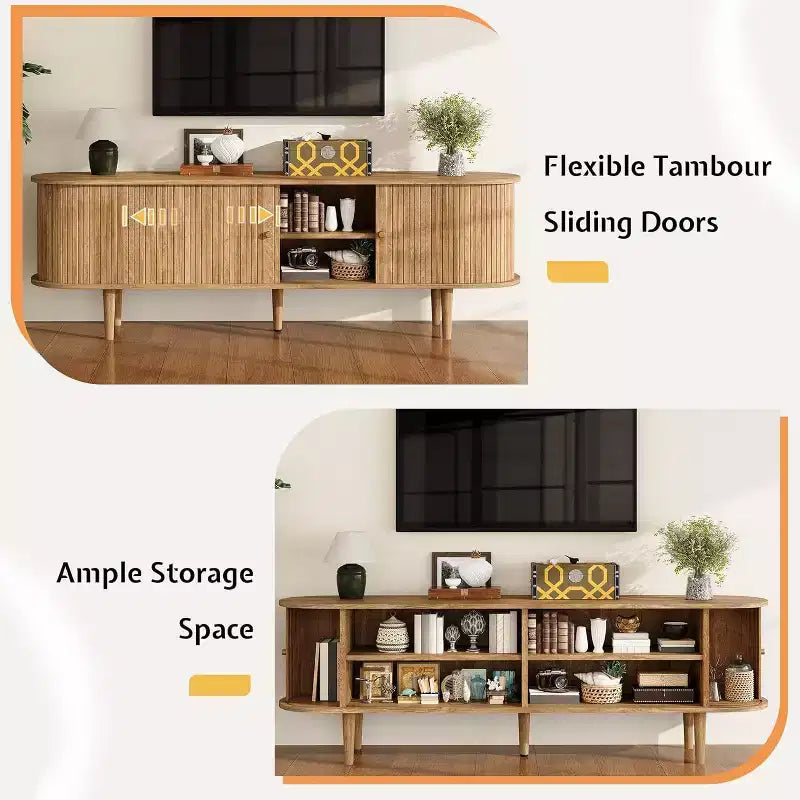 Meuble TV 178 cm avec pieds en bois massif, console TV de style moderne du milieu du siècle avec porte à tambour – Sanzelize Design