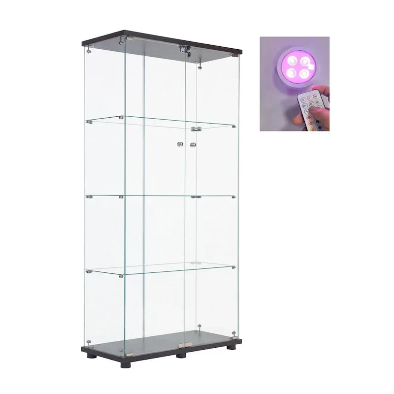 Vitrine en verre éclairée à deux portes avec 4 étagères, noire – Sanzelize Design