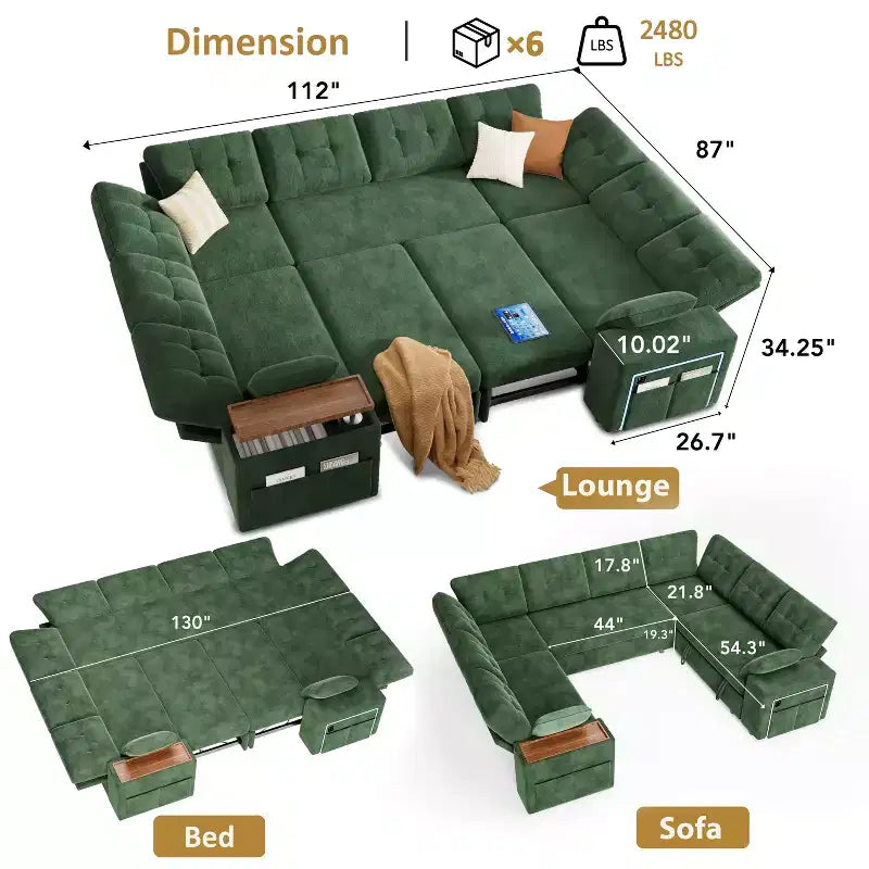 Canapé modulaire 284 cm convertible avec lit gigogne, canapé d'angle en U avec rangement – Sanzelize Design
