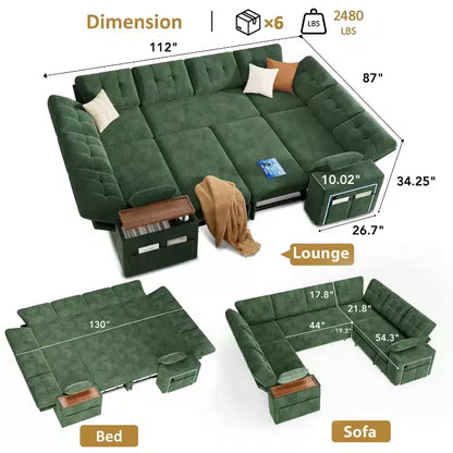 Canapé modulaire 284 cm convertible avec lit gigogne, canapé d'angle en U avec rangement – Sanzelize Design