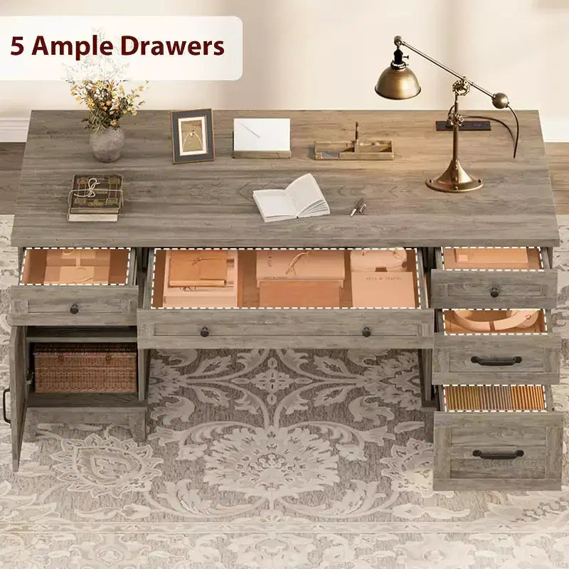 Bureau de direction de 152 cm avec tiroirs, bureau d'ordinateur avec station de charge – Sanzelize Design
