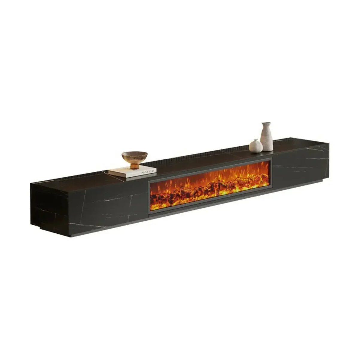 Meuble TV en pierre avec cheminée électrique noire et lumière, 87 cm de large – Sanzelize Design