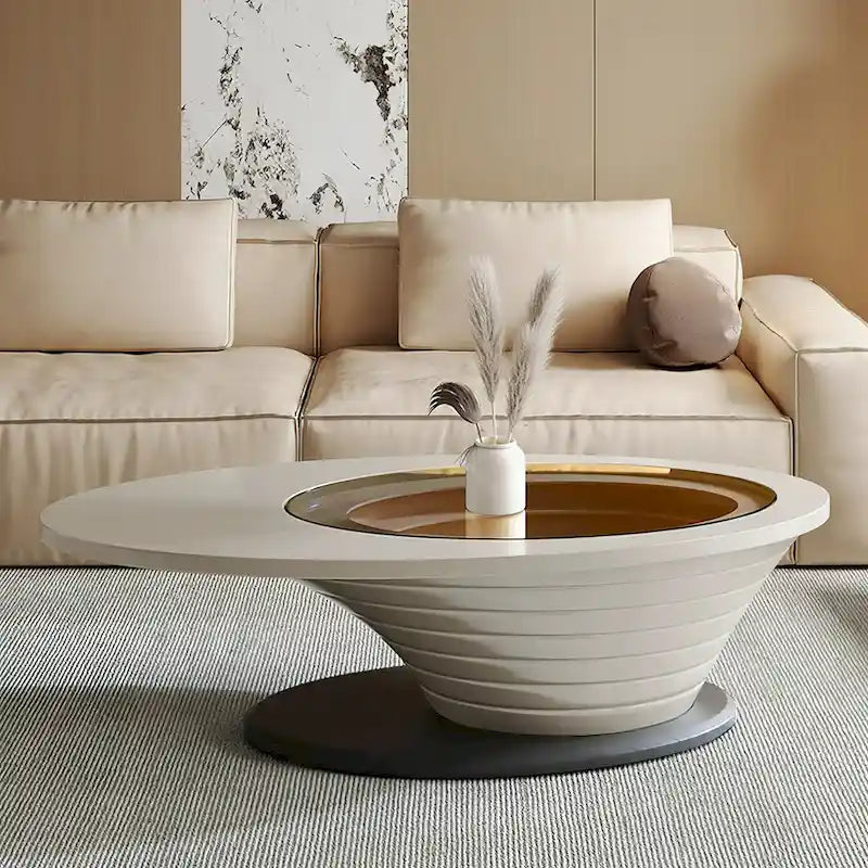 Table Basse Ovale en Verre Moderne Minimaliste Luxe Léger avec Base Grise 130 cm - L 130 cm x l 65 cm x H 36,5 cm – Sanzelize Design