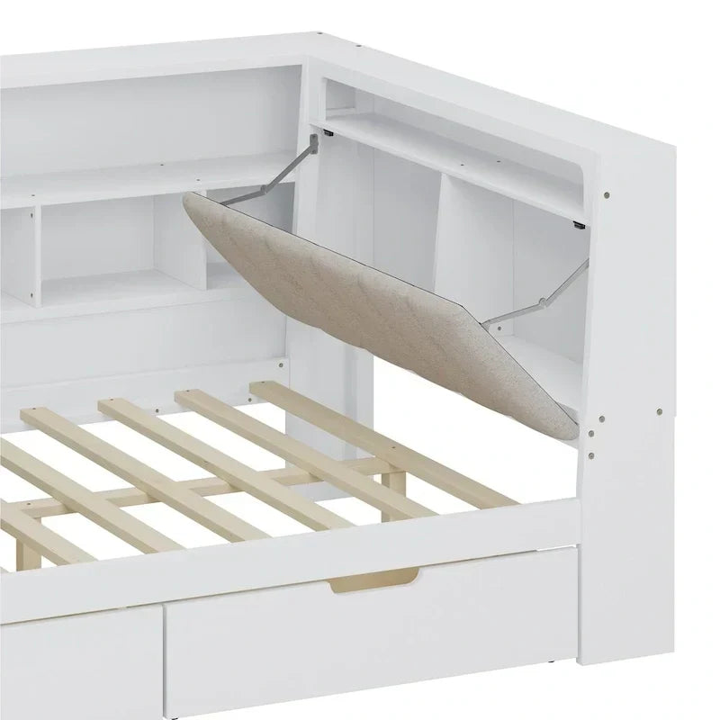 Canapé-lit d'angle en bois en forme de L avec bureau, bibliothèque, lit d'angle avec tiroirs de rangement – Sanzelize Design