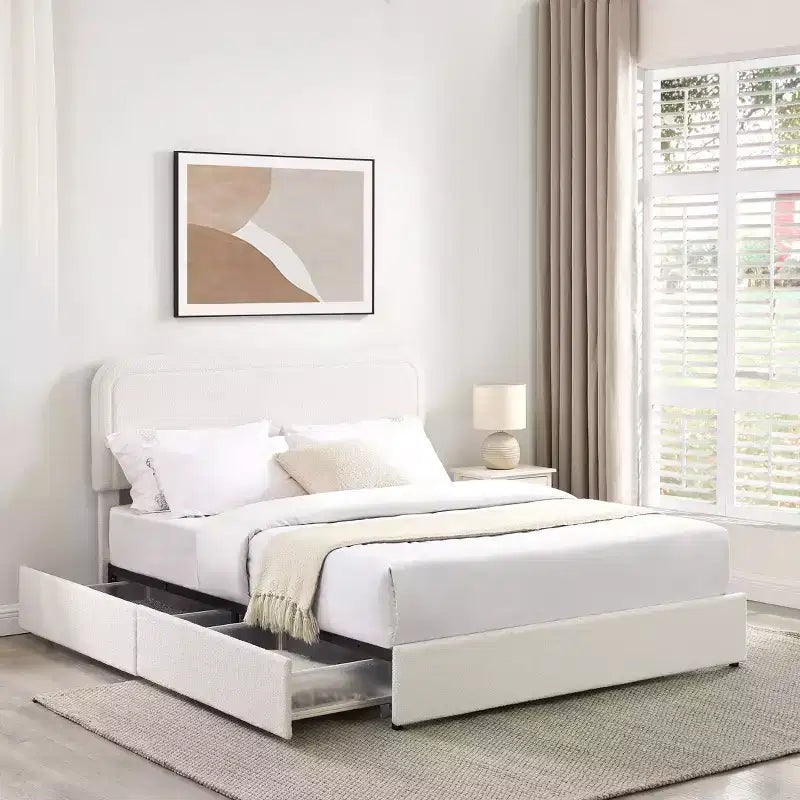 Lit 152 x 203 cm Moderne Rembourré en Boucle avec Tiroirs de Rangement – Sanzelize Design