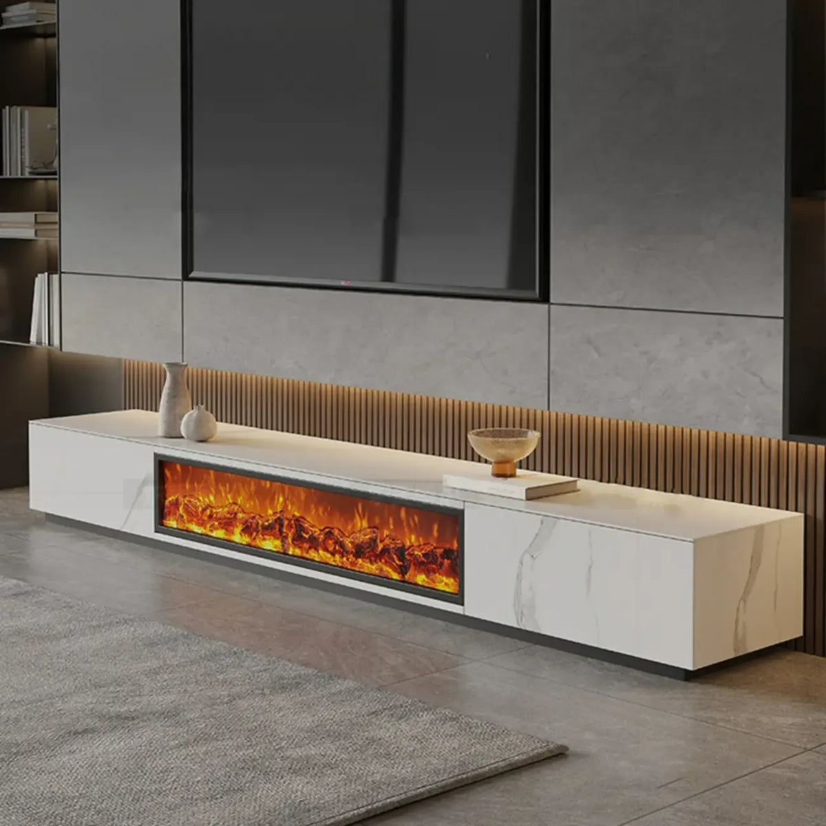 Meuble TV en pierre avec cheminée électrique noire et lumière, 87 cm de large – Sanzelize Design