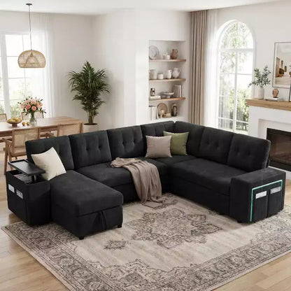 Canapé modulaire 284 cm convertible avec lit gigogne, canapé d'angle en U avec rangement – Sanzelize Design