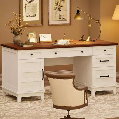 Bureau de direction de 152 cm avec tiroirs, bureau d'ordinateur avec station de charge – Sanzelize Design