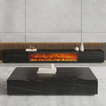 Meuble TV en pierre avec cheminée électrique noire et lumière, 87 cm de large – Sanzelize Design