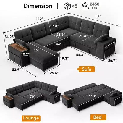 Canapé modulaire 284 cm convertible avec lit gigogne, canapé d'angle en U avec rangement – Sanzelize Design
