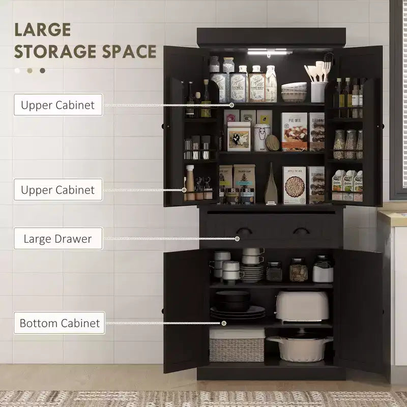 Garde-manger de cuisine de 180 cm avec lumières DEL, 6 tablettes de porte, un tiroir et 4 tablettes réglables – Sanzelize Design