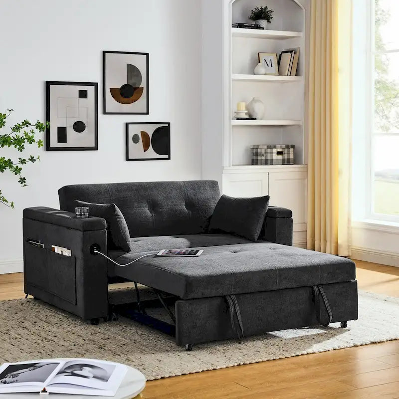Canapé-lit gigogne 137 cm, canapé-lit inclinable 2 places avec rangement, oreiller lombaire, prise USB – Sanzelize Design
