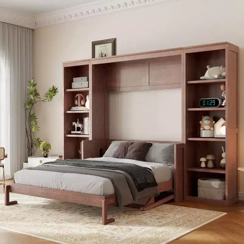 Lit escamotable grand lit/deux places avec bureau et étagère, brun foncé – Sanzelize Design