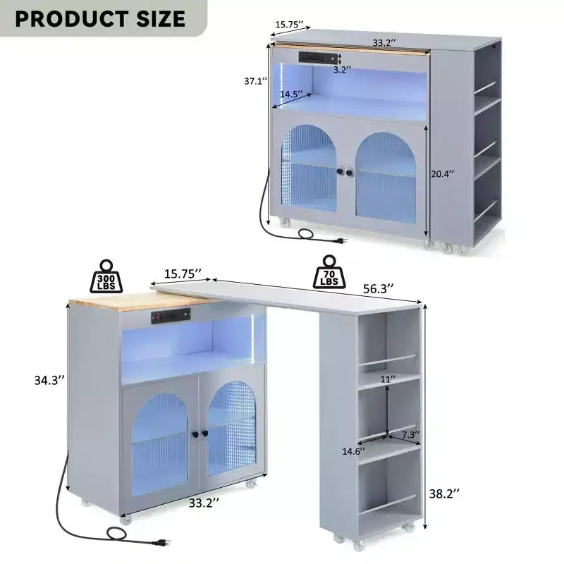 Îlot de cuisine roulant avec 2 portes en verre, Desserte de cuisine avec table extensible et prises de courant – Sanzelize Design
