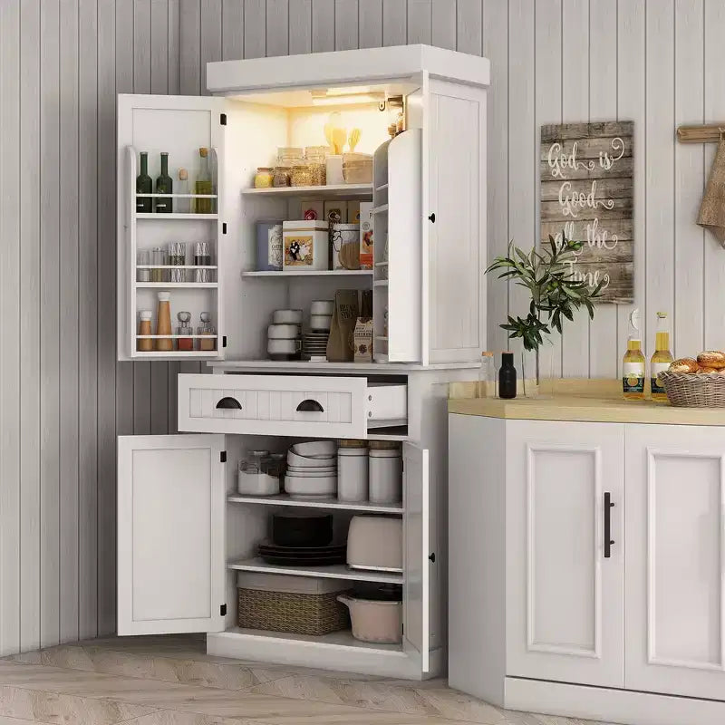 Garde-manger de cuisine de 180 cm avec lumières DEL, 6 tablettes de porte, un tiroir et 4 tablettes réglables – Sanzelize Design