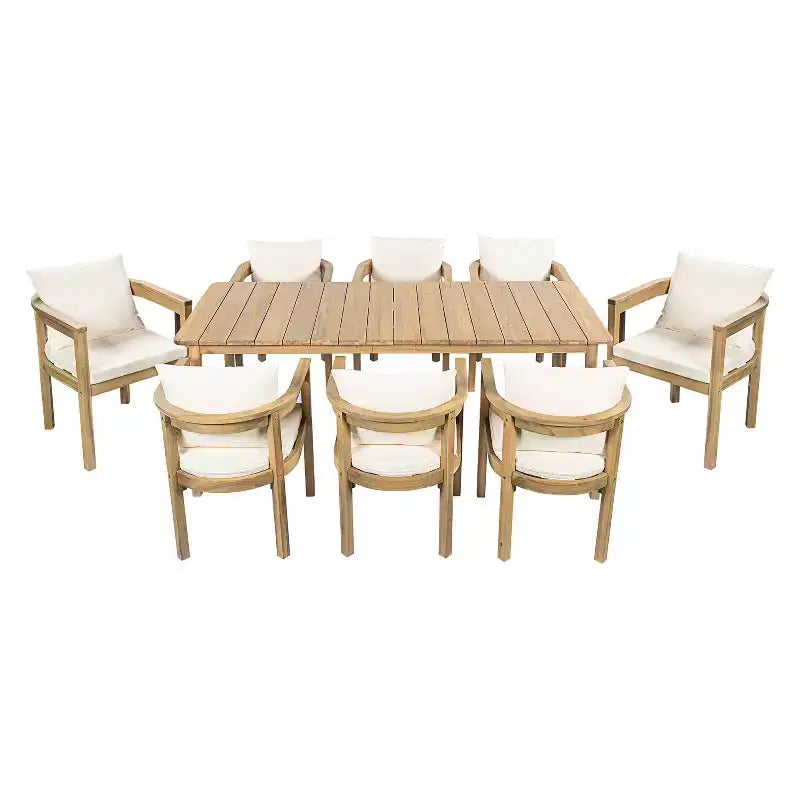 Ensemble de salle à manger d'extérieur rustique Irene 9 pièces en bois d'acacia avec chaises à dossier incurvé et – Sanzelize Design