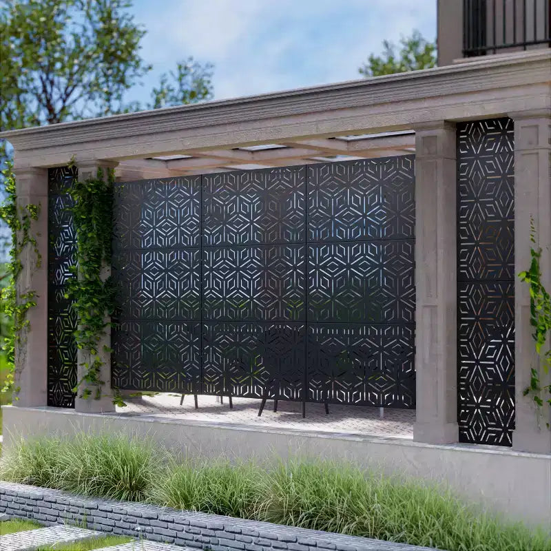 Paravent à 3 panneaux avec motif géométrique – Acier galvanisé noir – Sanzelize Design