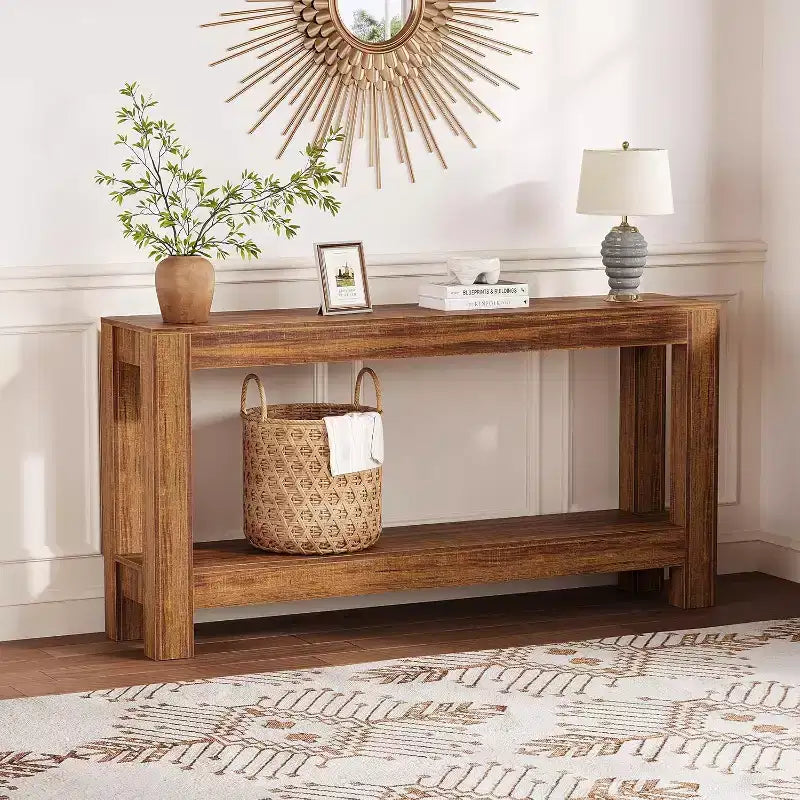 Table console d'entrée 160 cm avec 2 tiroirs, Table de canapé étroite en bois pour salon, couloir ou hall d'entrée – Sanzelize Design