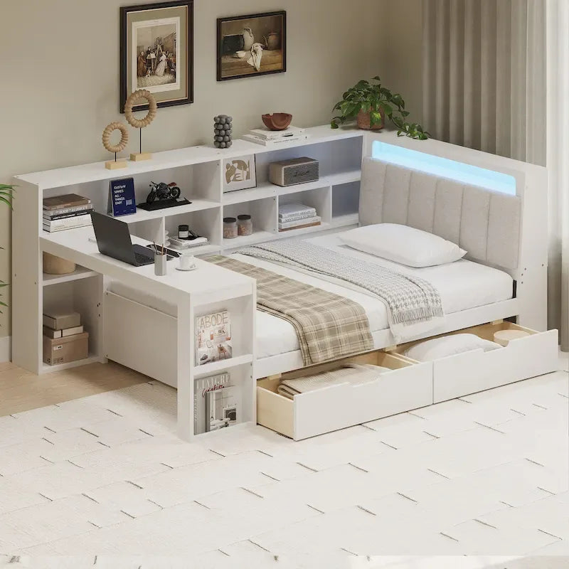 Canapé-lit d'angle en bois en forme de L avec bureau, bibliothèque, lit d'angle avec tiroirs de rangement – Sanzelize Design