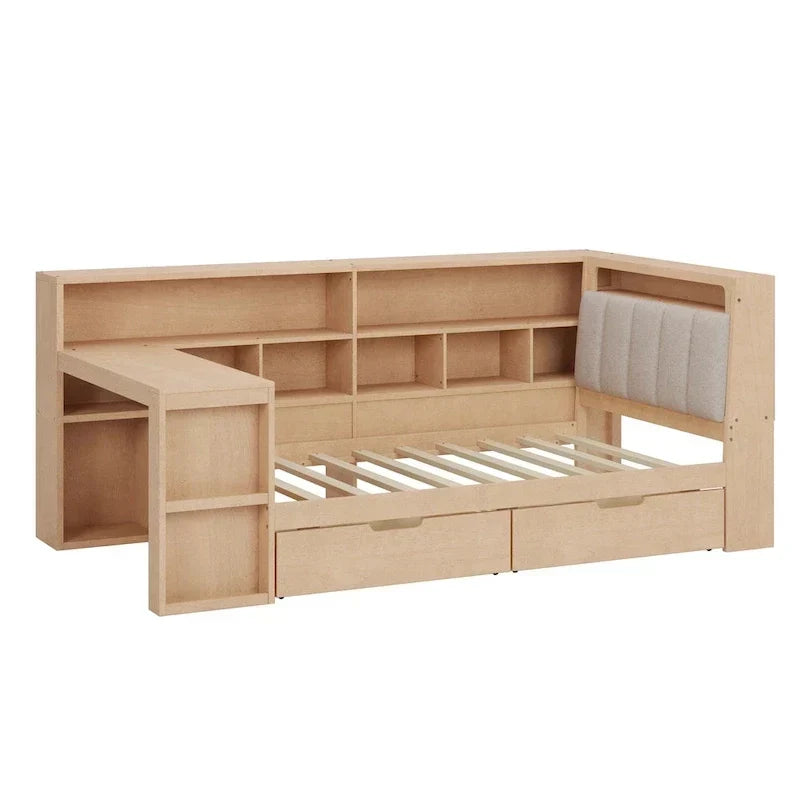 Canapé-lit d'angle en bois en forme de L avec bureau, bibliothèque, lit d'angle avec tiroirs de rangement – Sanzelize Design