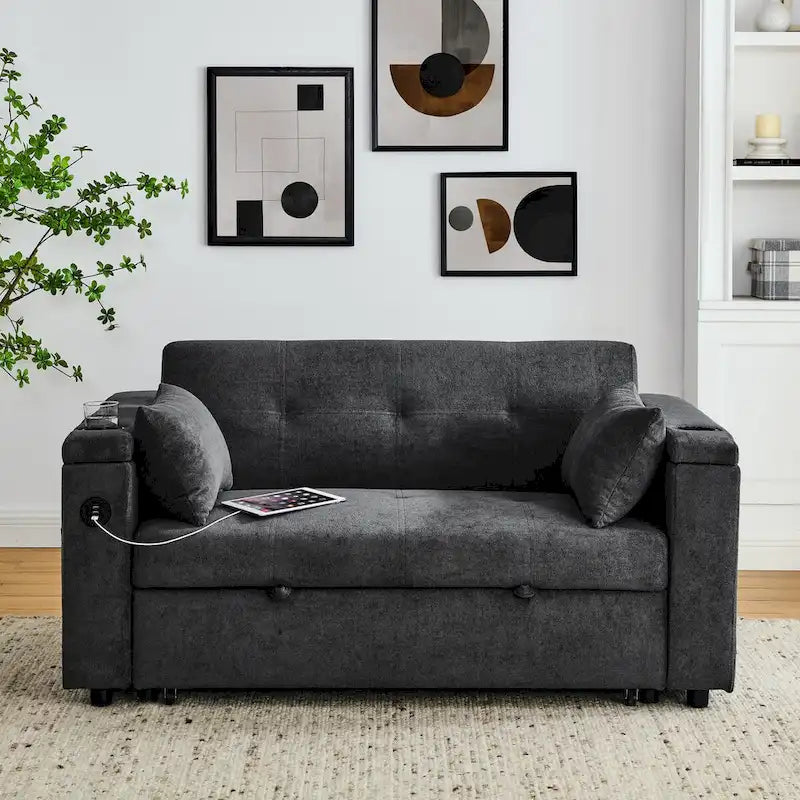 Canapé-lit gigogne 137 cm, canapé-lit inclinable 2 places avec rangement, oreiller lombaire, prise USB – Sanzelize Design