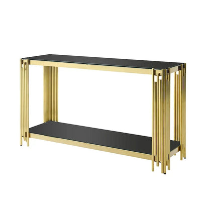Console étroite à 2 niveaux avec structure en métal doré et plateau en verre trempé – Sanzelize Design